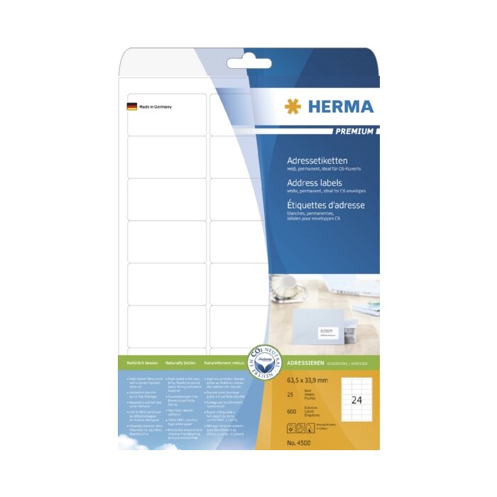 HERMA Address labels Premium A4 63,5x33,9 mm white paper matt 600 pcs.