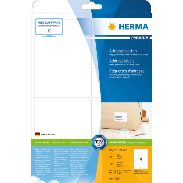 HERMA Address labels Premium A4 99,1x139 mm white paper matt 100 pcs.