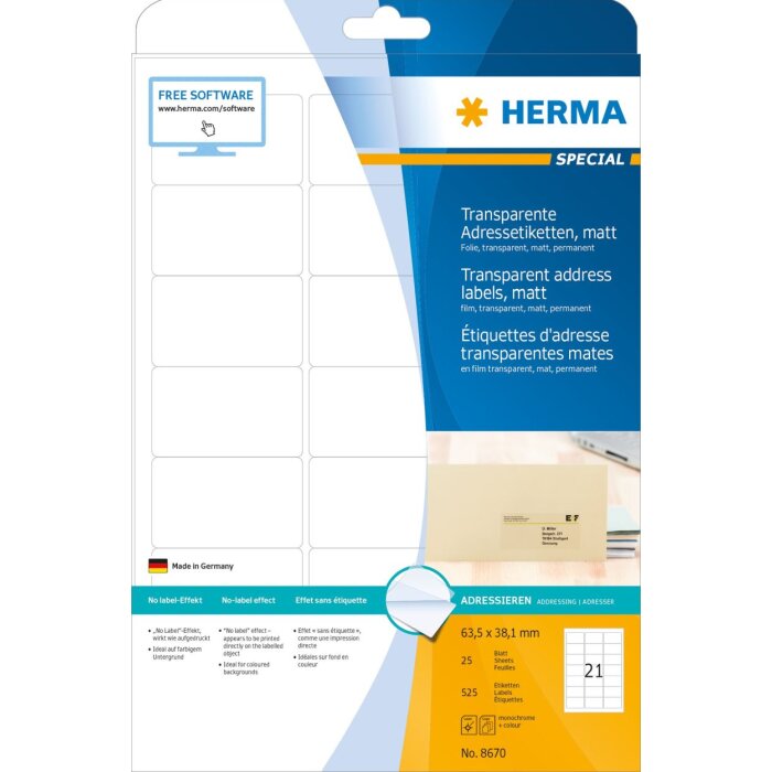 Address labels transparent matt A4 63,5x38,1 mm round corners film 525 pcs.