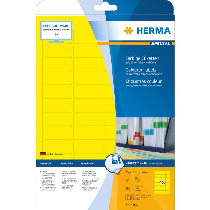 Labels yellow 45,7x21,2 A4 960 pcs.