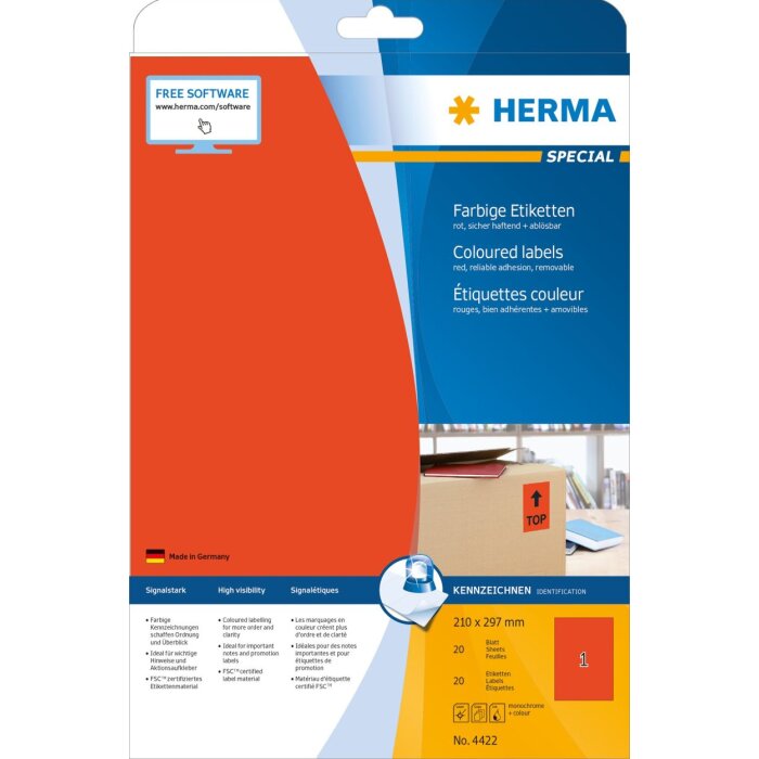 HERMA labels A4 red 210x297 mm paper matt 20 pieces