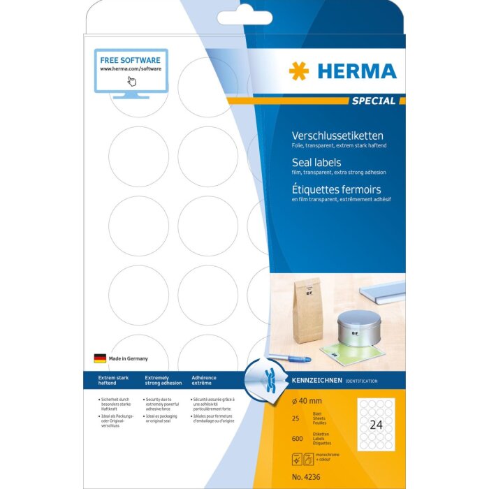 Seal labels transparent strong adhesion Ø 40 A4 LC