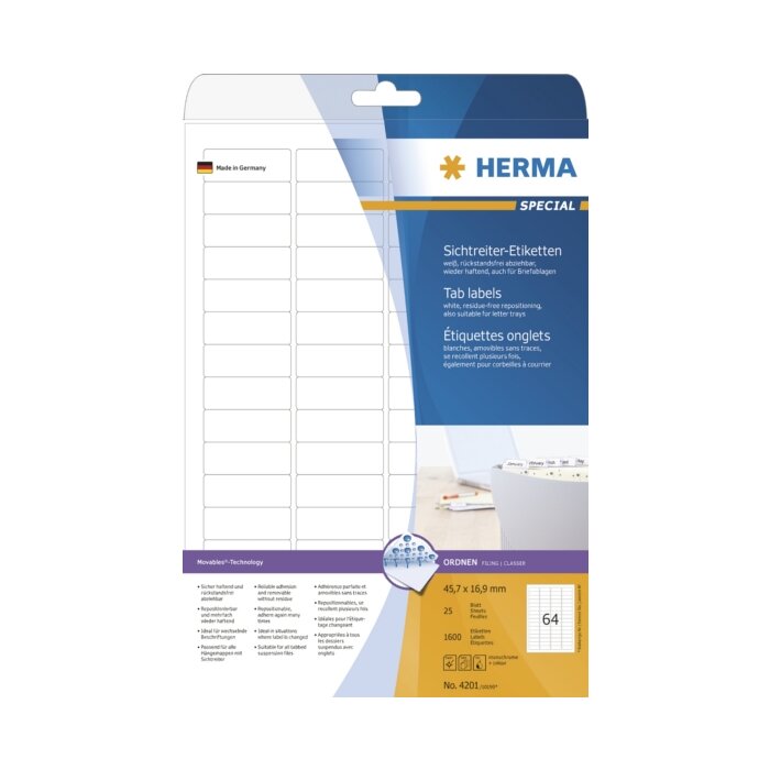 Tab labels white removable 45,7x16,9 A4