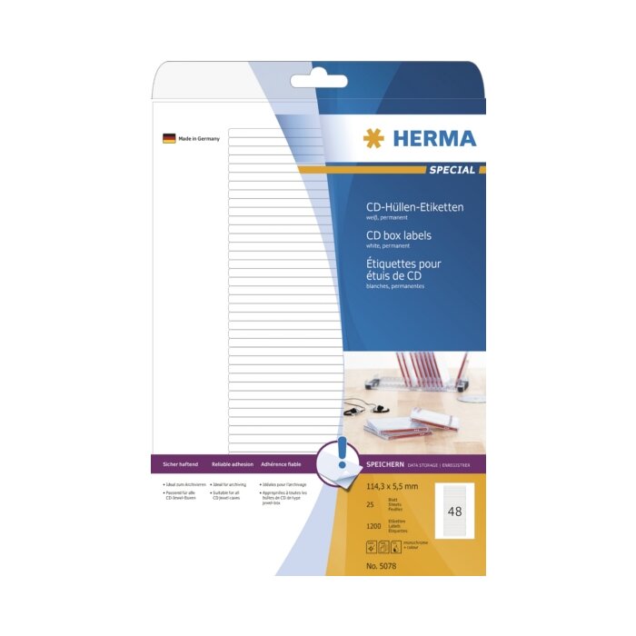 HERMA labels for CD box A4 white 114,3x5,5 mm paper matt 1200 pieces