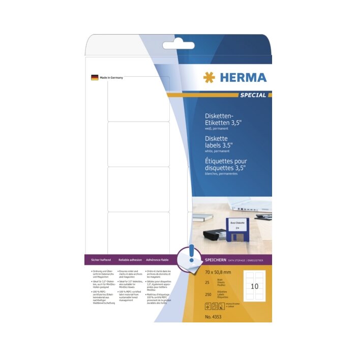 Disk labels white 3.5 70x50,8 A4 250 pcs.