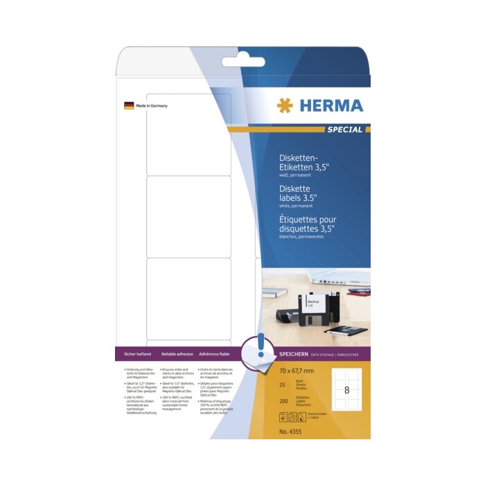 Disk labels white 3.5 70x67,7 A4 250 pcs.