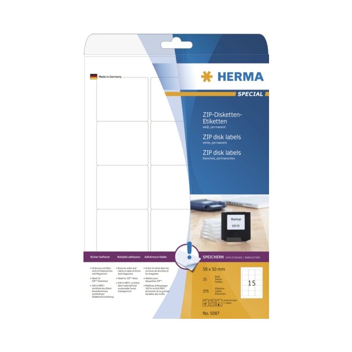 ZIP disk labels A4 white 59x50 mm paper matt 375 pcs.