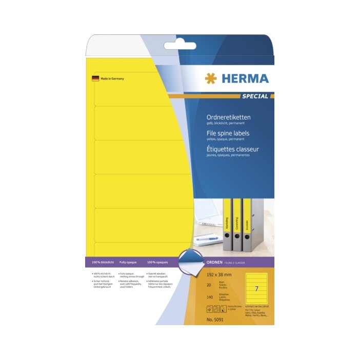 File spine labels yellow 192x38 A4 140 pcs.