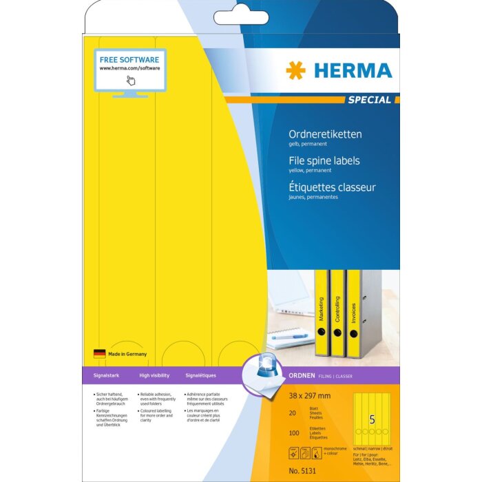 File spine labels yellow 38x297 A4 100 pcs.