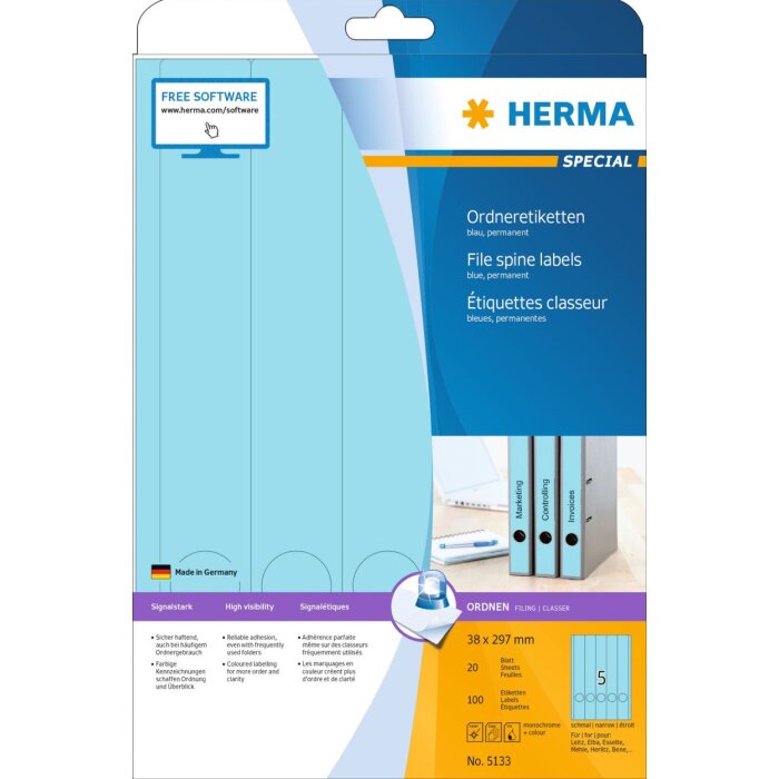 File spine labels blue 38x297 A4 100 pcs.