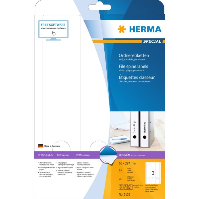 File spine labels white 61x297 A4 75 pcs.