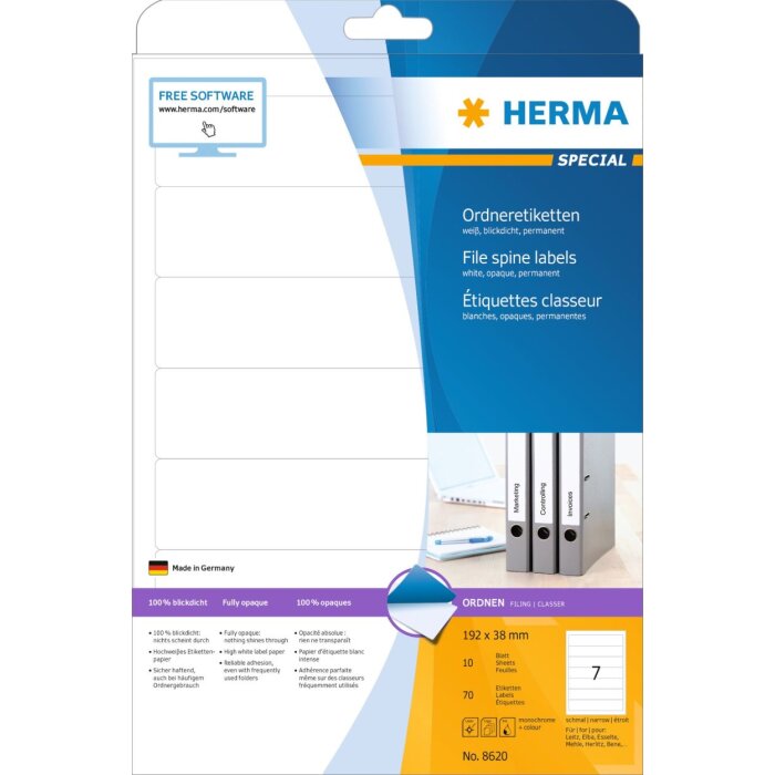 File spine labels white 192 x 38 A4 70 pcs.