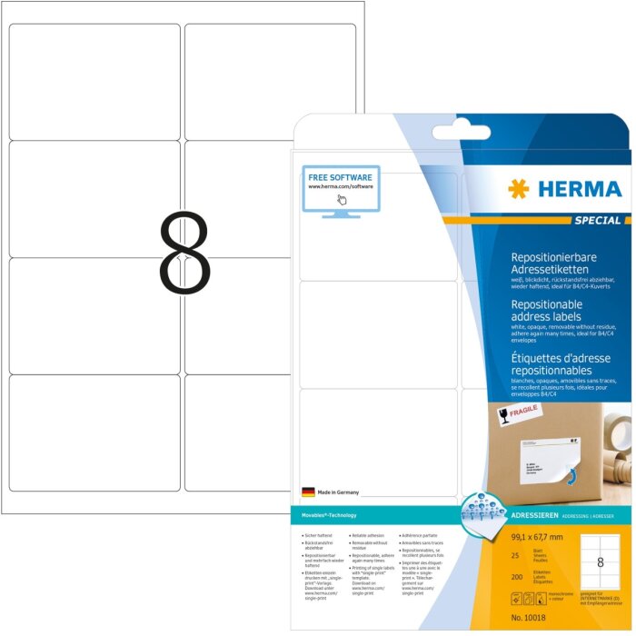 Labels white Movables/removable 99,1x67,7 A4 200 pcs