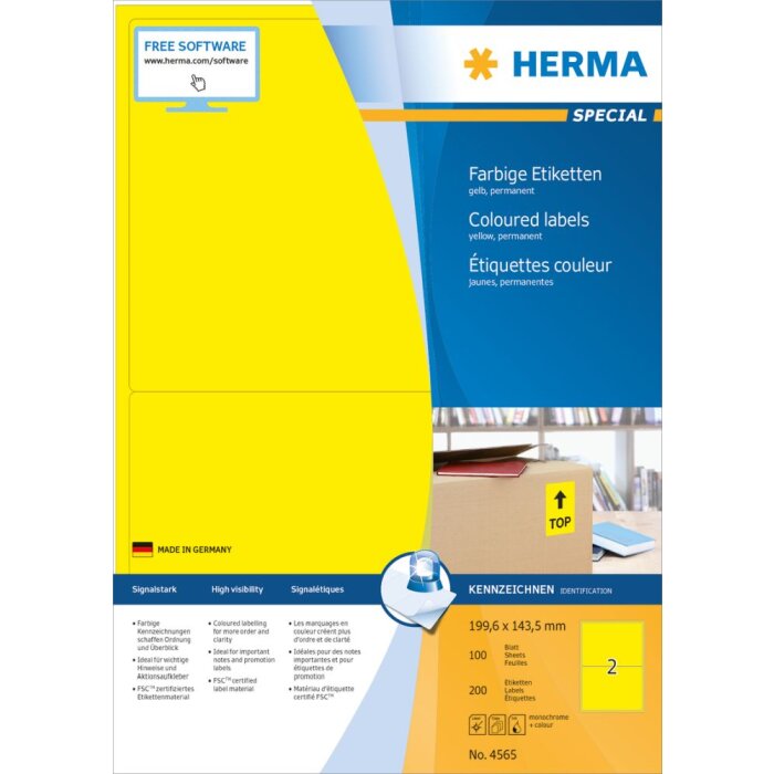 Herma SPECIAL Coloured labels A4, 199,6 x 143,5 mm, yellow, permanent adhesion