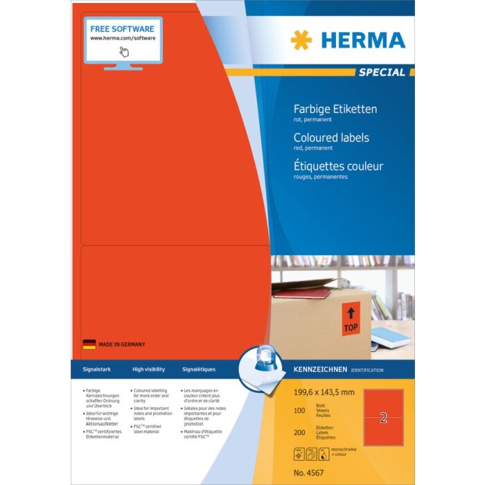 Herma SPECIAL Coloured labels A4, 199,6 x 143,5 mm, red, permanent adhesion