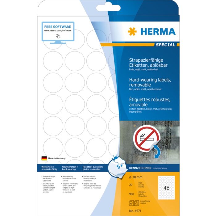 Herma SPECIAL Weatherproof film labels A4, Ø 30 mm, white, extremely strong adhesion, removable