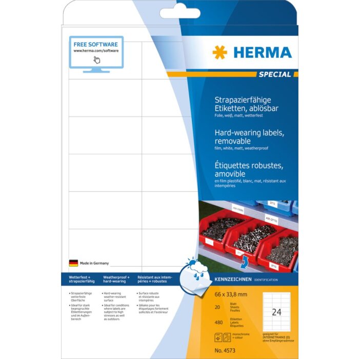 Herma SPECIAL Weatherproof film labels A4, 66,0 x 33,8 mm, white, extremely strong adhesion, removable