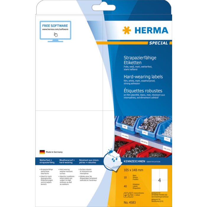 Herma SPECIAL Weatherproof film labels A4, 105 x 148 mm, white, extremely strong adhesion