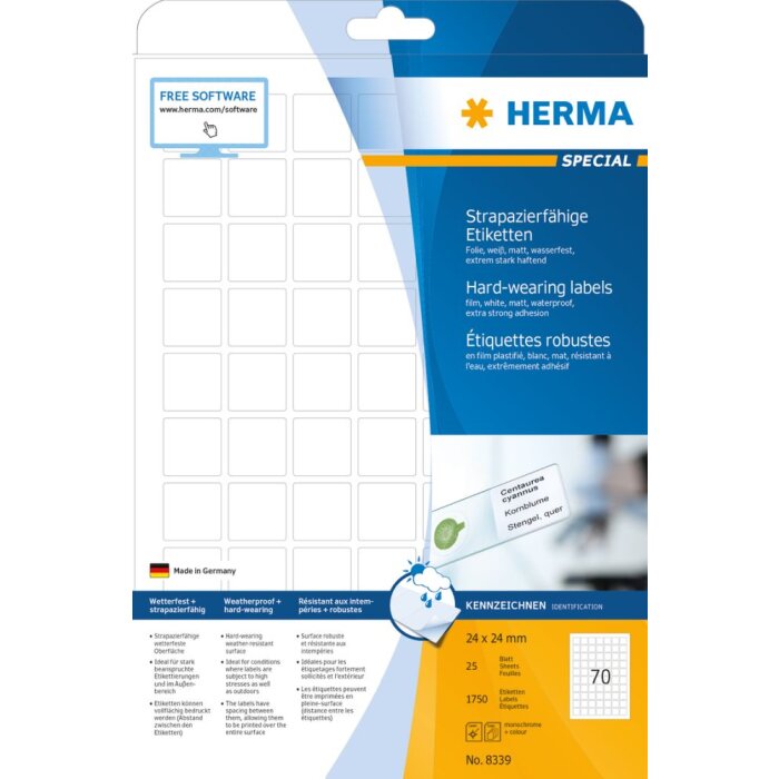 Herma SPECIAL Weatherproof film labels A4, 24 x 24 mm, white, extremely strong adhesion