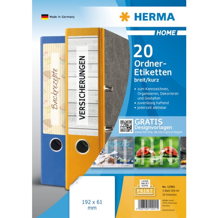 Herma HOME Removable folder labels A4, 192 x 61 mm, white, opaque, for wide folders (short)