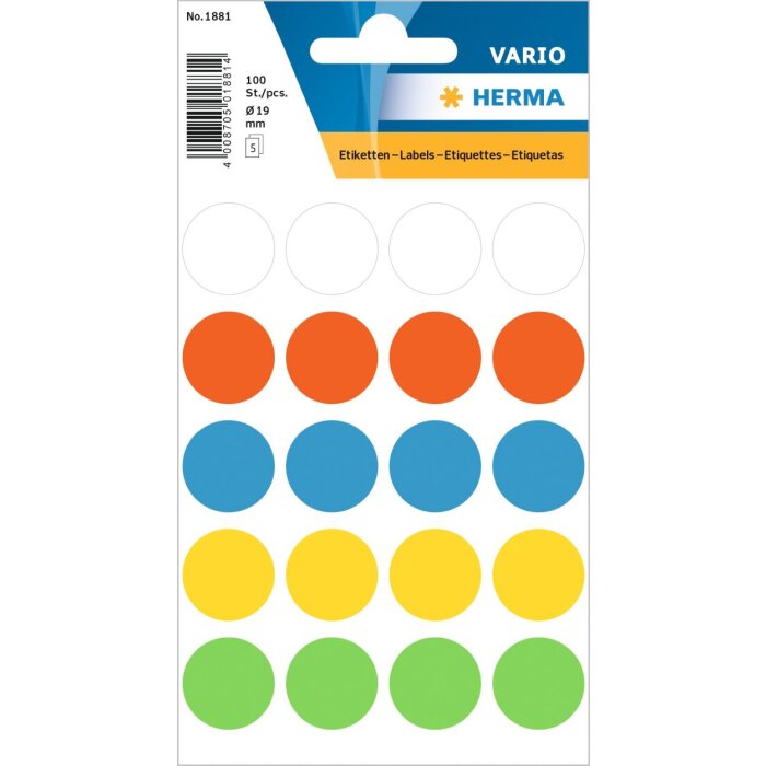 Multi-purpose labels ø 19 mm colours assorted 100 pcs.