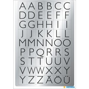 Letters 13x12mm A-Z silver foil black 4 sheets