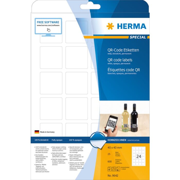 QR code labels A4 40x40 mm square white paper matt opaque 600 pcs.