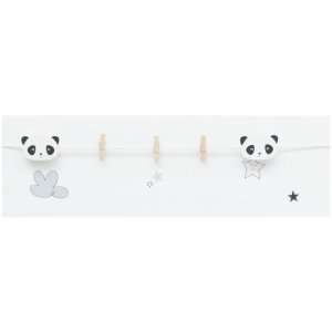 White Wooden Wall with Clothespins and Panda Pattern...