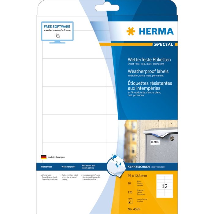 HERMA weatherproof inkjet labels A4, 97.0 x 42.3 mm, white, permanent adhesive