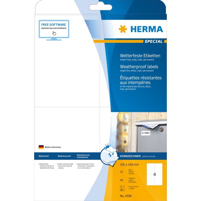 HERMA weatherproof inkjet labels A4, 105.0 x 148.0 mm, white, permanent adhesive