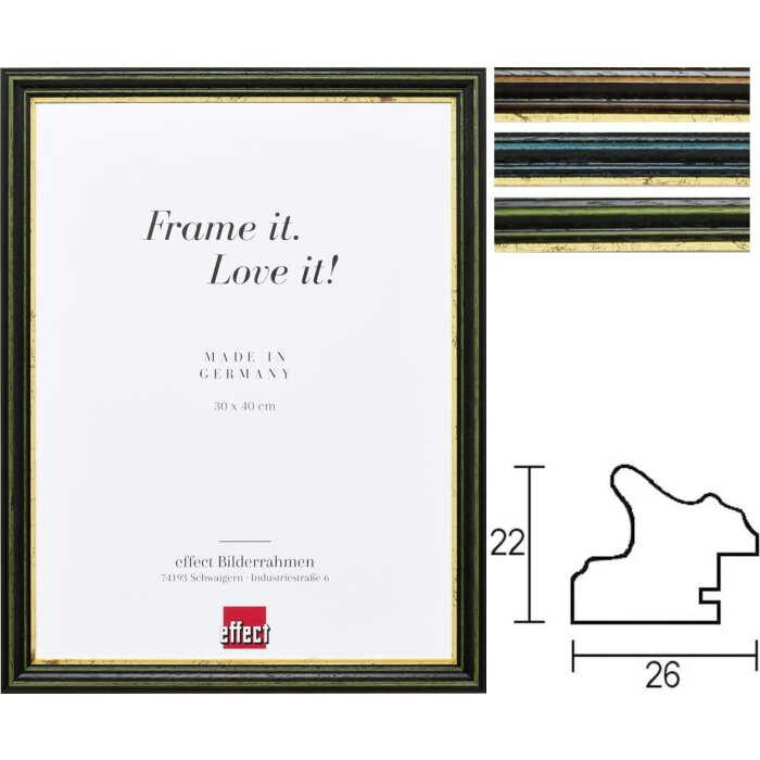 Effect wooden frame profile 21 with gold edge special sizes and glass types