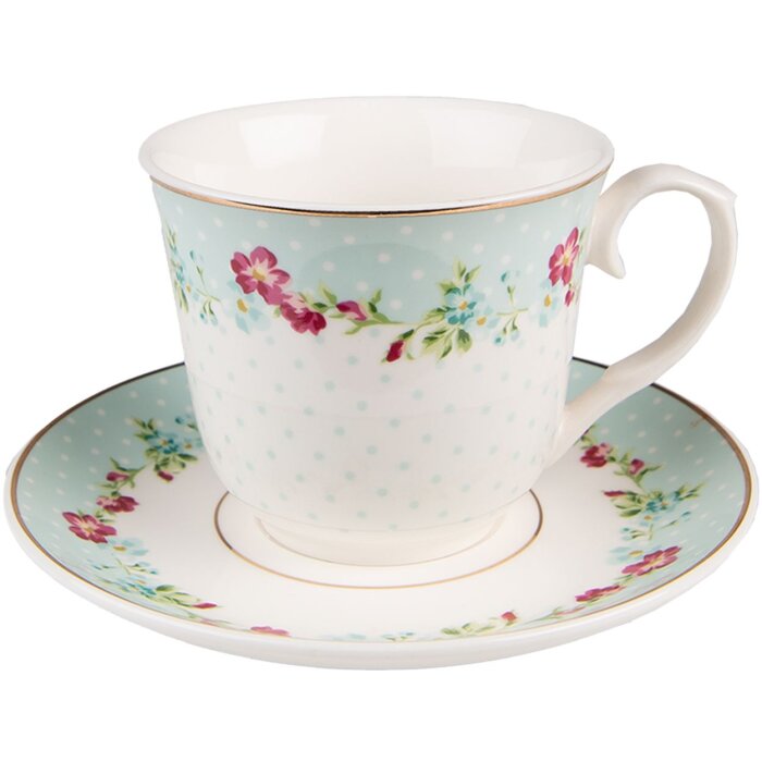 Clayre & Eef 6CEKS0128 Coffee Cup and Saucer Ø 15x8 - 250 ml White - Green