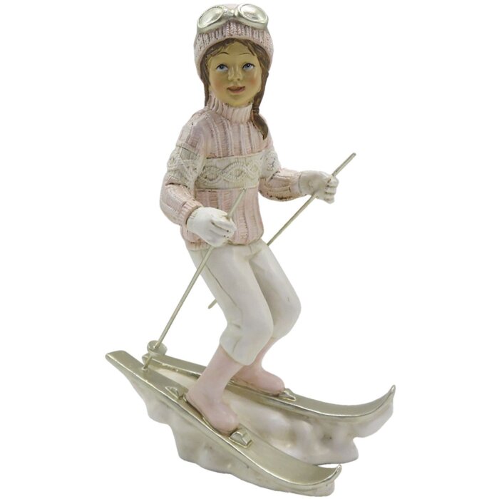 Clayre & Eef 6PR3646 Decoration Child on Ski 12x8x19 cm Pink - White