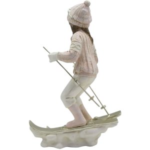 Clayre & Eef 6PR3646 Decoration Child on Ski 12x8x19 cm Pink - White