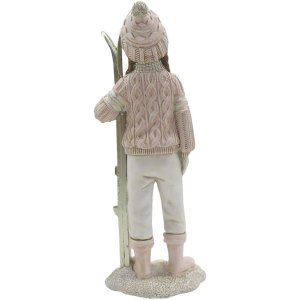 Clayre & Eef 6PR3649 Decoration Child with Ski 9x7x21 cm Pink - White