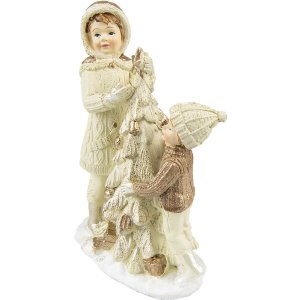 Clayre & Eef 6PR4797 Decoration Children with Christmas Tree 10x5x14 cm Beige