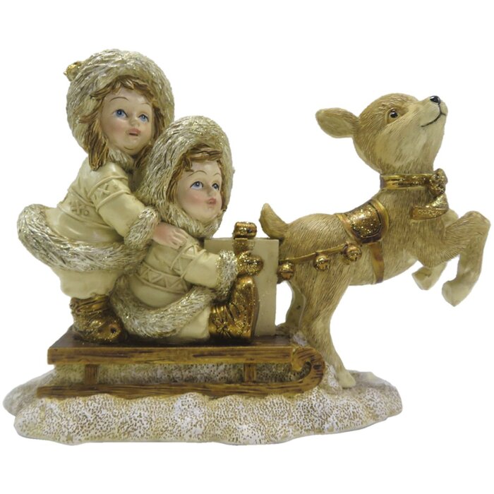 Clayre & Eef 6PR4822 Decoration Children on Sledge 16x7x12 cm Gold Coloured