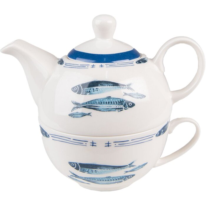 Clayre & Eef FIBTEFO Tea for One 400 ml White Blue Porcelain Fish Tea Set