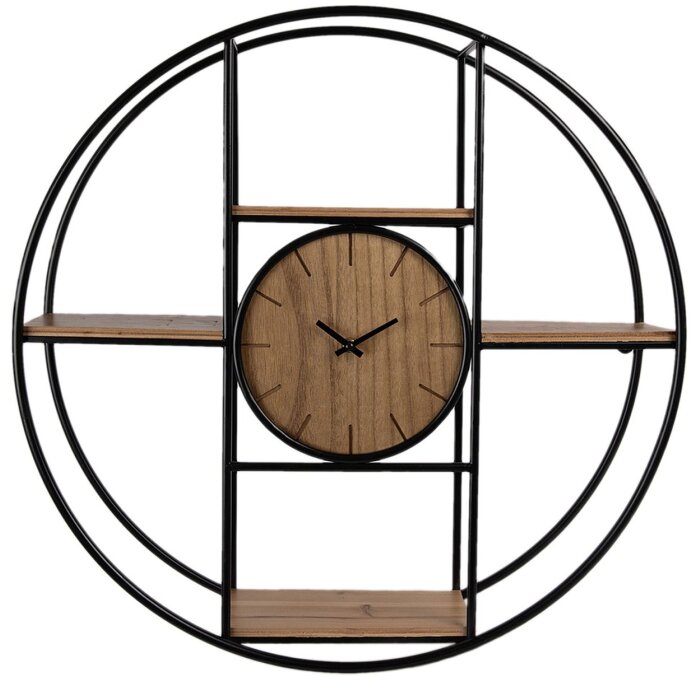 Clayre & Eef 5KL0225 Wall Clock - Wall Shelf Ø 60x14 cm - 1xAA Brown - Black