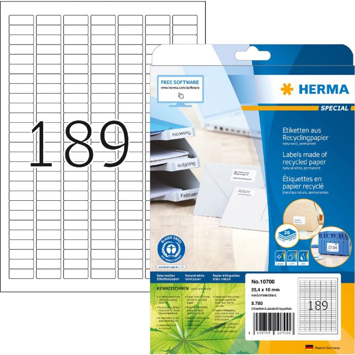 HERMA 10700 labels recycled paper A4 25.4x10mm white permanent