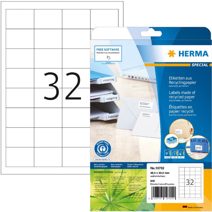 HERMA 10702 Labels recycled paper A4 48.3x33.8mm white permanent