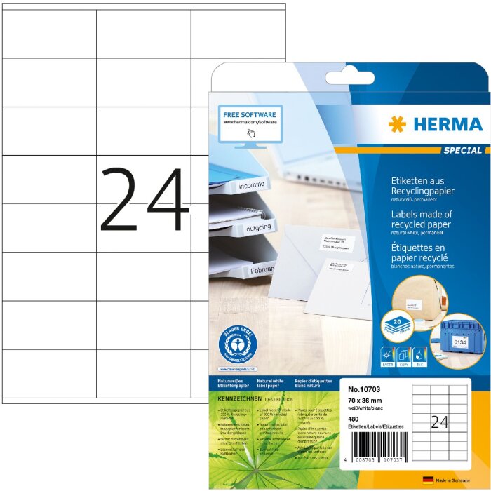 HERMA 10703 Labels recycled paper A4 70x36mm white permanent