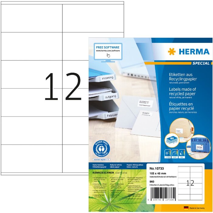 HERMA 10733 Recycled paper labels A4 105x48 mm white permanent adhesive