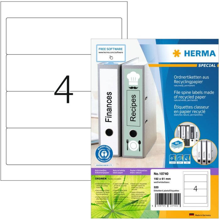 HERMA 10740 Folder labels A4 192x61mm white permanent recycled paper