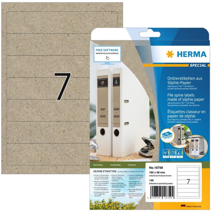 HERMA 10759 Folder labels A4 192x38mm natural brown Silphie paper 20 sheets