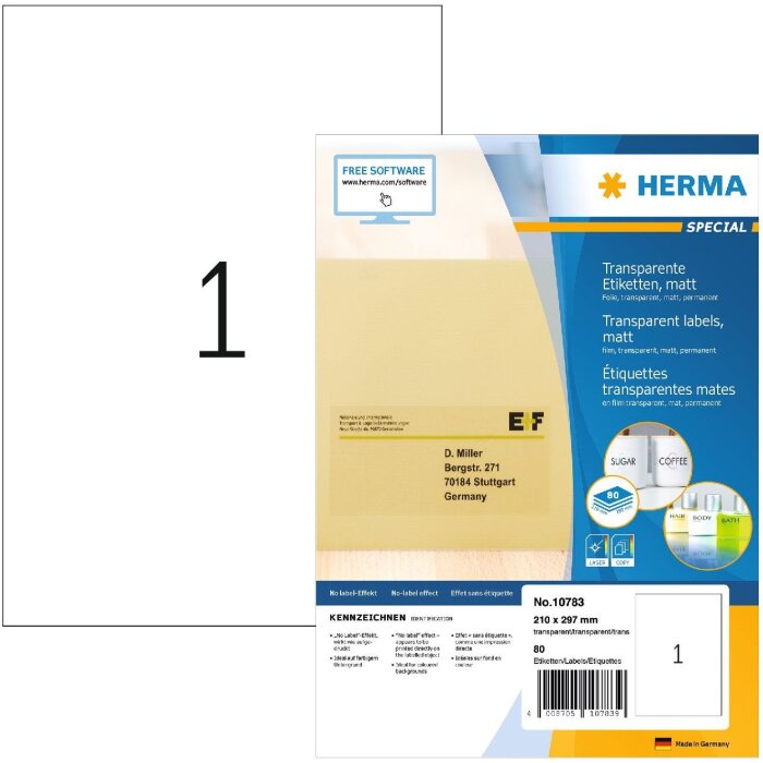 HERMA 10783 Transparent film labels A4 210x297 mm matt weatherproof