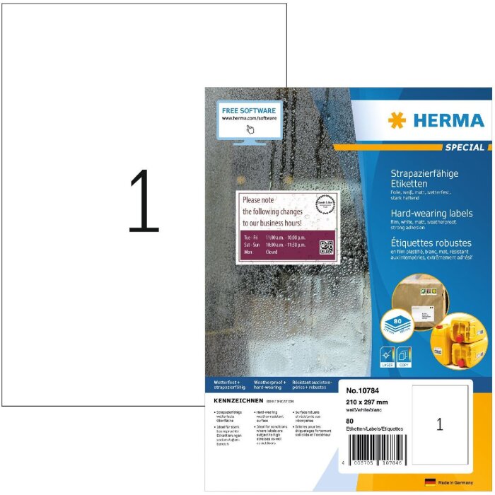 HERMA 10784 Weatherproof film labels A4 210x297mm white strong adhesive