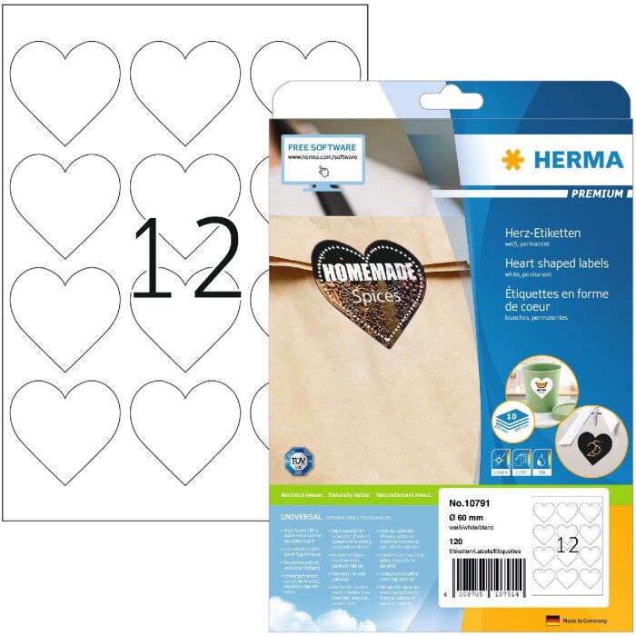 HERMA 10791 Premium heart labels A4 Ø60mm white permanent