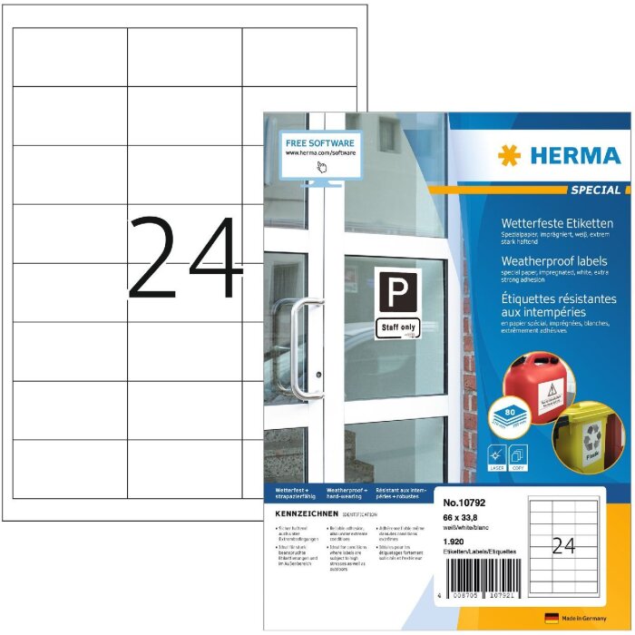 HERMA 10792 Weatherproof labels A4 66x33.8 mm white strong adhesive