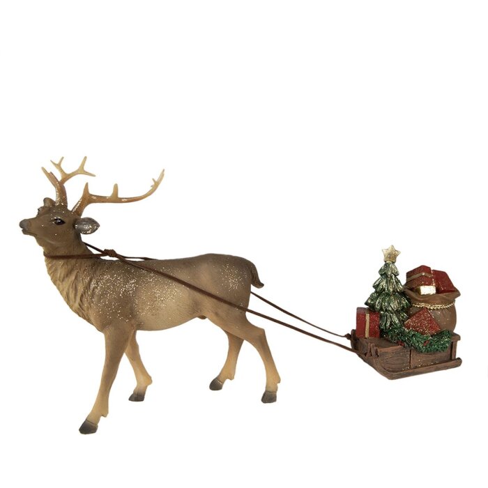 Clayre & Eef 6PR3909 Decorative Reindeer with Sleigh Brown, Red 30x9x20 cm